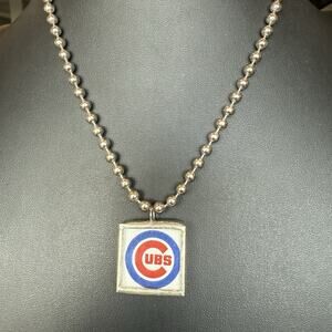 Reversible Chicago Cubs / Bears Red Blue Logo Pendant Ball Bead Necklace 18”